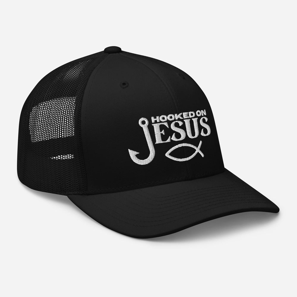 Hooked on Jesus Hat | Embroidered Trucker Style Cap, Fishing hat - Christian Cap with Embroidery