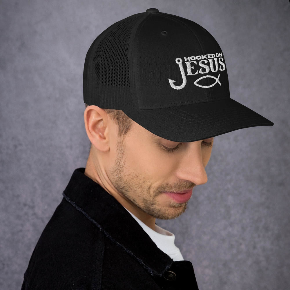 Hooked on Jesus Hat | Embroidered Trucker Style Cap, Fishing hat - Christian Cap with Embroidery