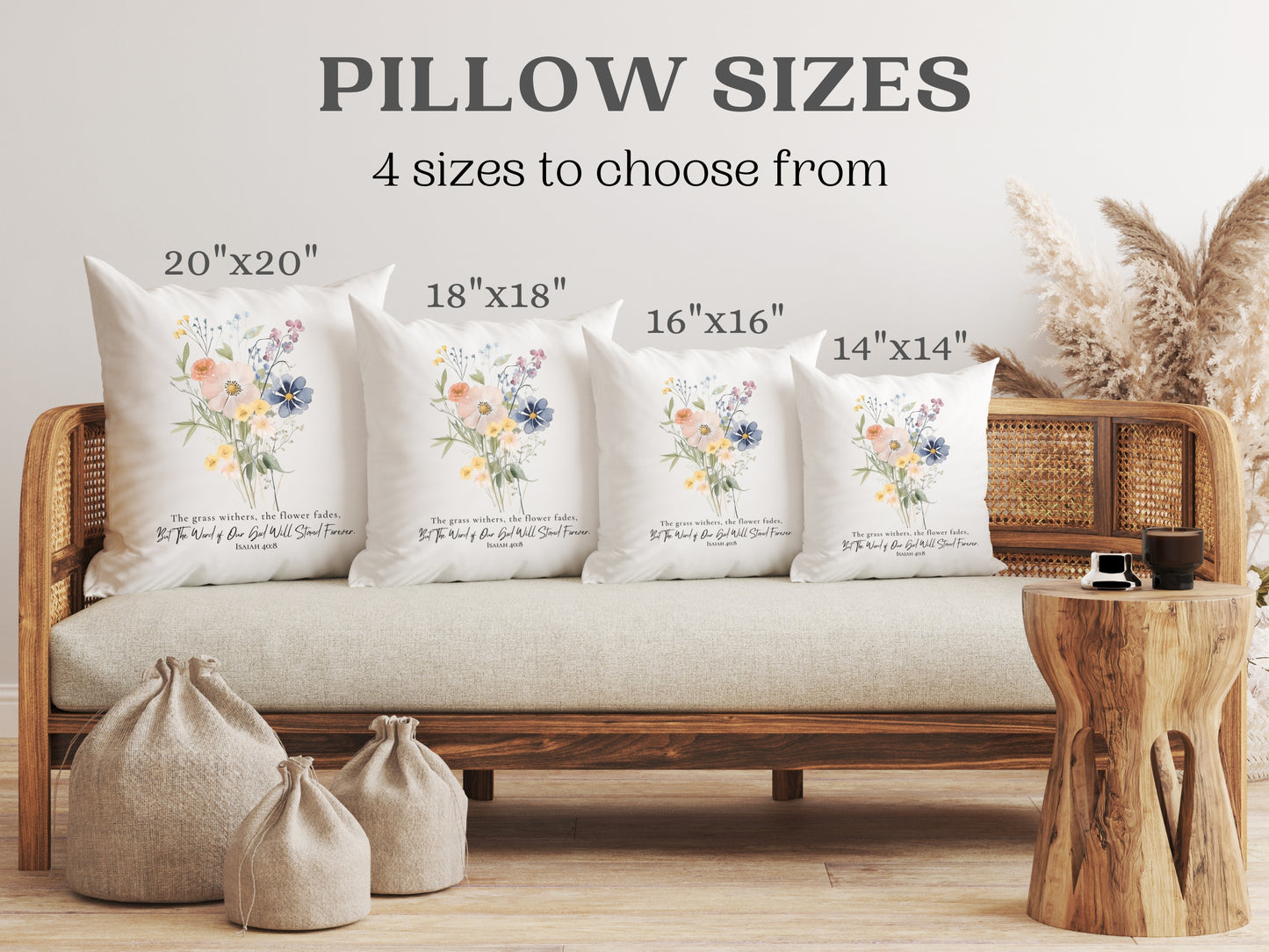 Flower Pillow with Bible Verse Isaiah 40:8 | Christian Pillow Cover and Pillow