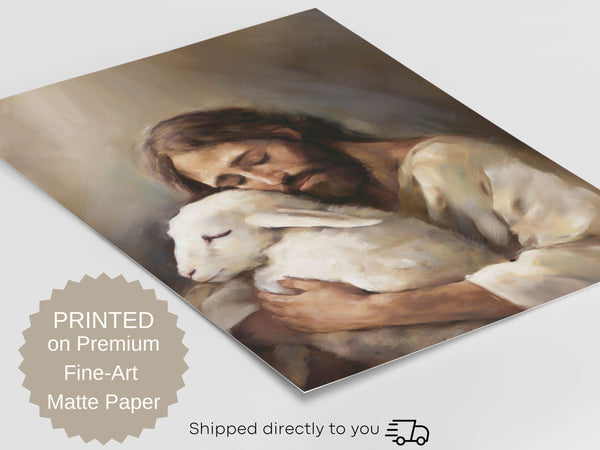 Jesus The Good Shepard & The Lost Sheep Painting Print | Jesus Christ Wall Art Unframed Print Hover