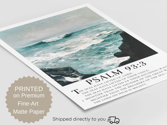 Psalm 93 Scripture Wall Decor - Mightier Than the Waves | Inspiring Seascape Painting with Bible Verse