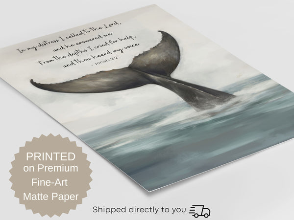 Whale Art Whale Tail Painting Print - From The Depths I Cried for Help - Jonah 2:2 - Jonah and The Whale Painting Print Hover