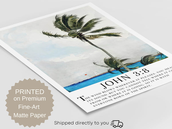 John 3:8 Scripture Wall Art | Coastal Palm Painting with Bible Verse - Unframed Art Print Hover