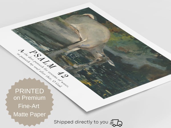 PSALM 42 - As The Deer Scripture Wall Art | Psalm 42 Bible Verse Wall Decor - Vintage Deer Painting with Scripture Passage Hover