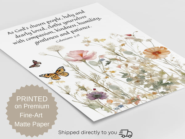 Bible Verse Wildflower Wall Art - Colossians 3: 12 | Butterflies and Flowers Painting Print - Unframed Print Hover