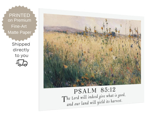 PSALM 85 Wall Art - Oat Field Painting | Vintage Painting with Bible Verse - Unframed Art