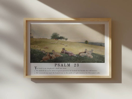 The Lord is My Shepherd Wall Art | Psalm 23 Scripture - Vintage Painting Print with Psalm Passage - Unframed Art