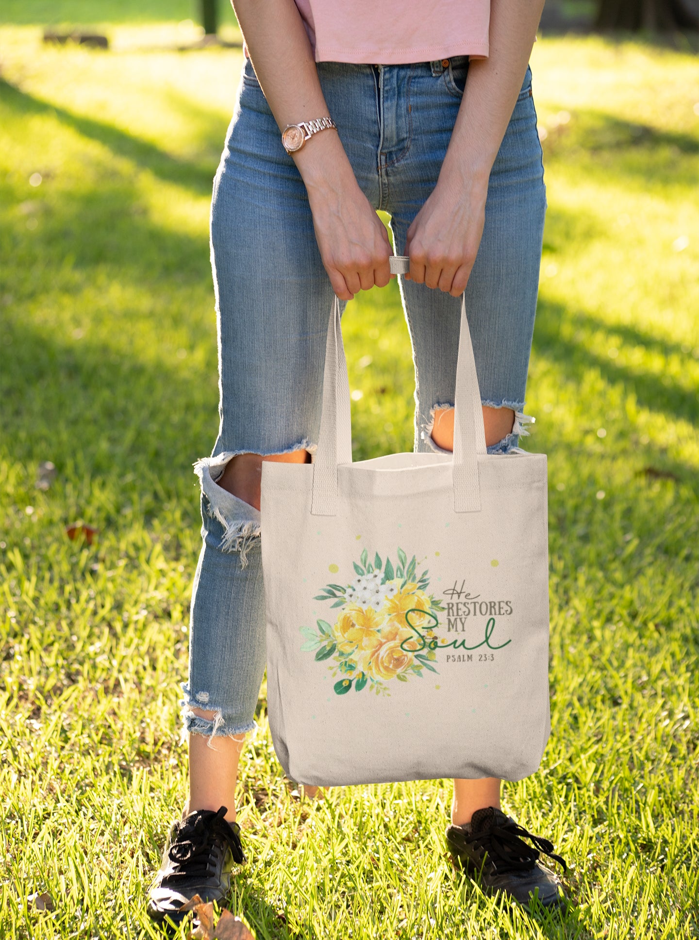 He Restores My Soul - Psalm 23:3 Floral Tote Bag