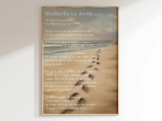 Huellas En La Arena - En Español | Spanish Version of Footprints In The Sand - Unframed Art Print