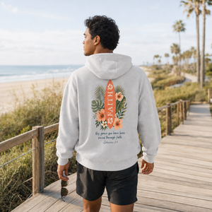 Faith Surfboard Hoodie — Floral Tropical Christian Hoodie ("FAITH" Surfboard Design)