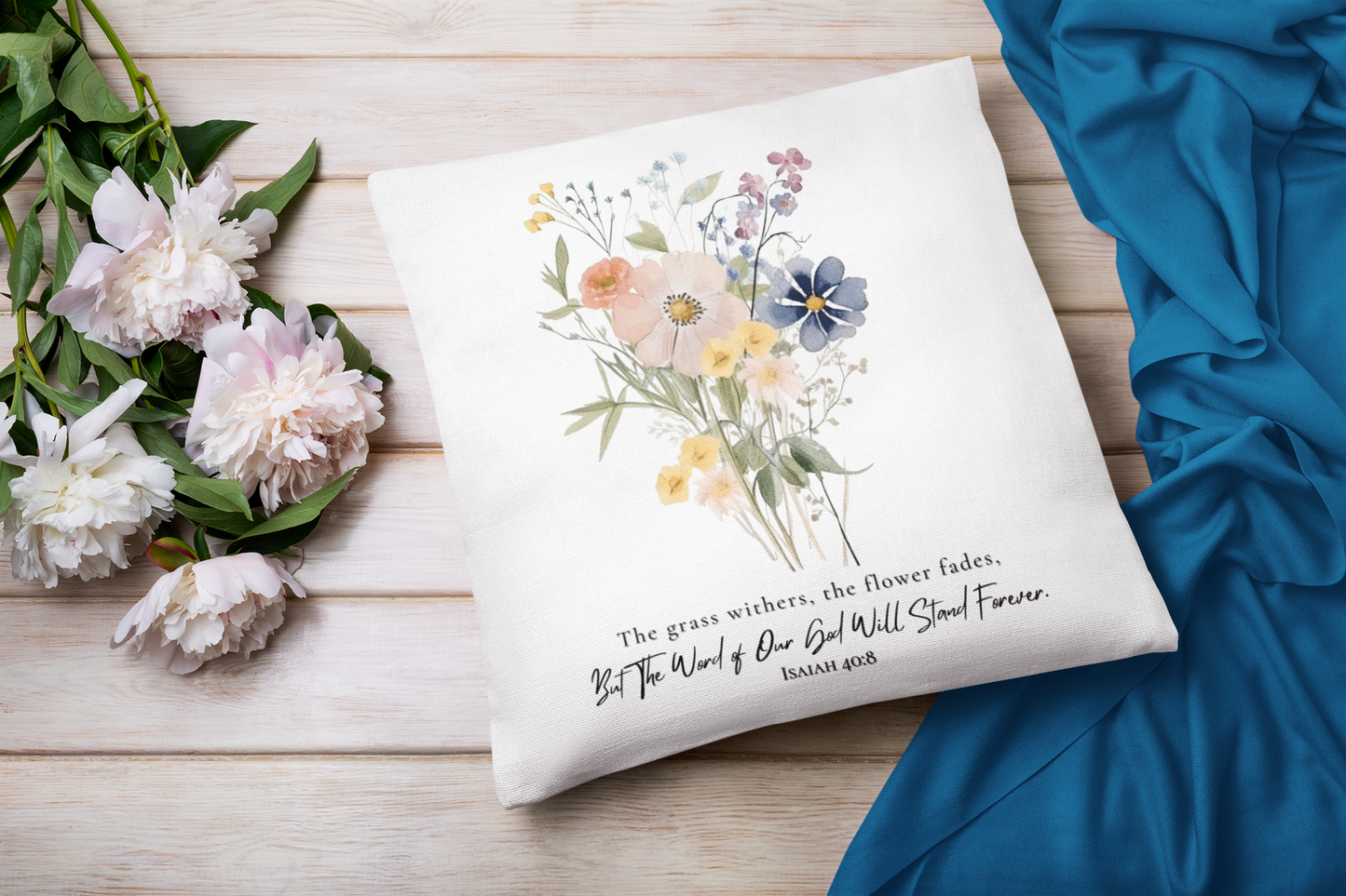 Flower Pillow with Bible Verse Isaiah 40:8 | Christian Pillow Cover and Pillow