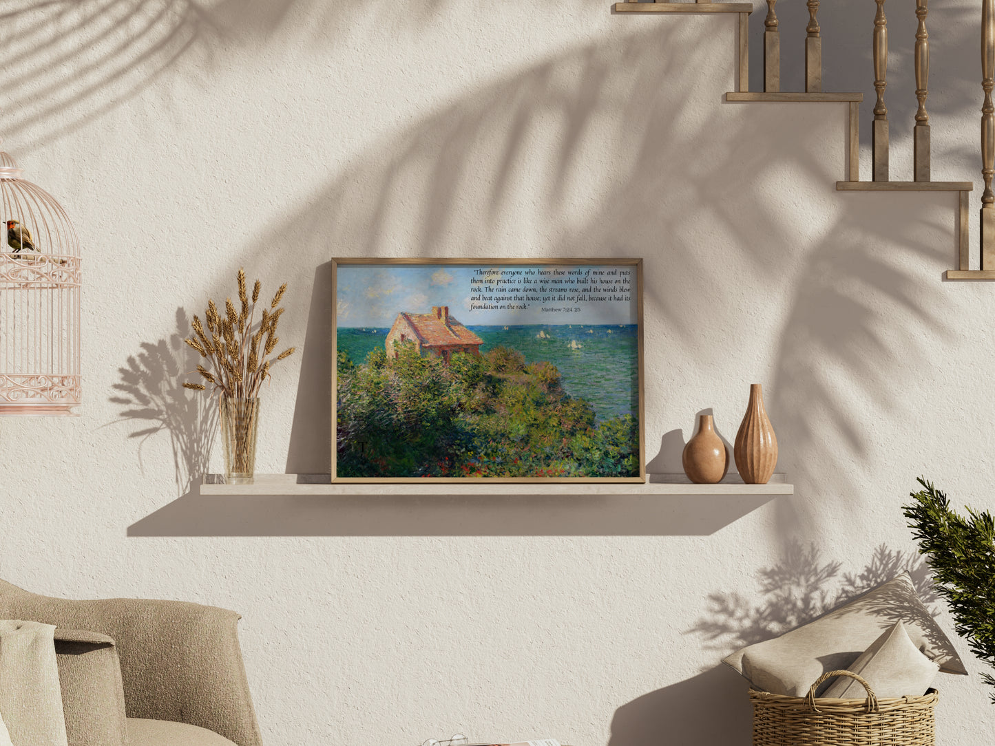 Build Your House on the Rock - Matthew 7:24 | Vintage Monet Art with Bible Verse - Unframed Art