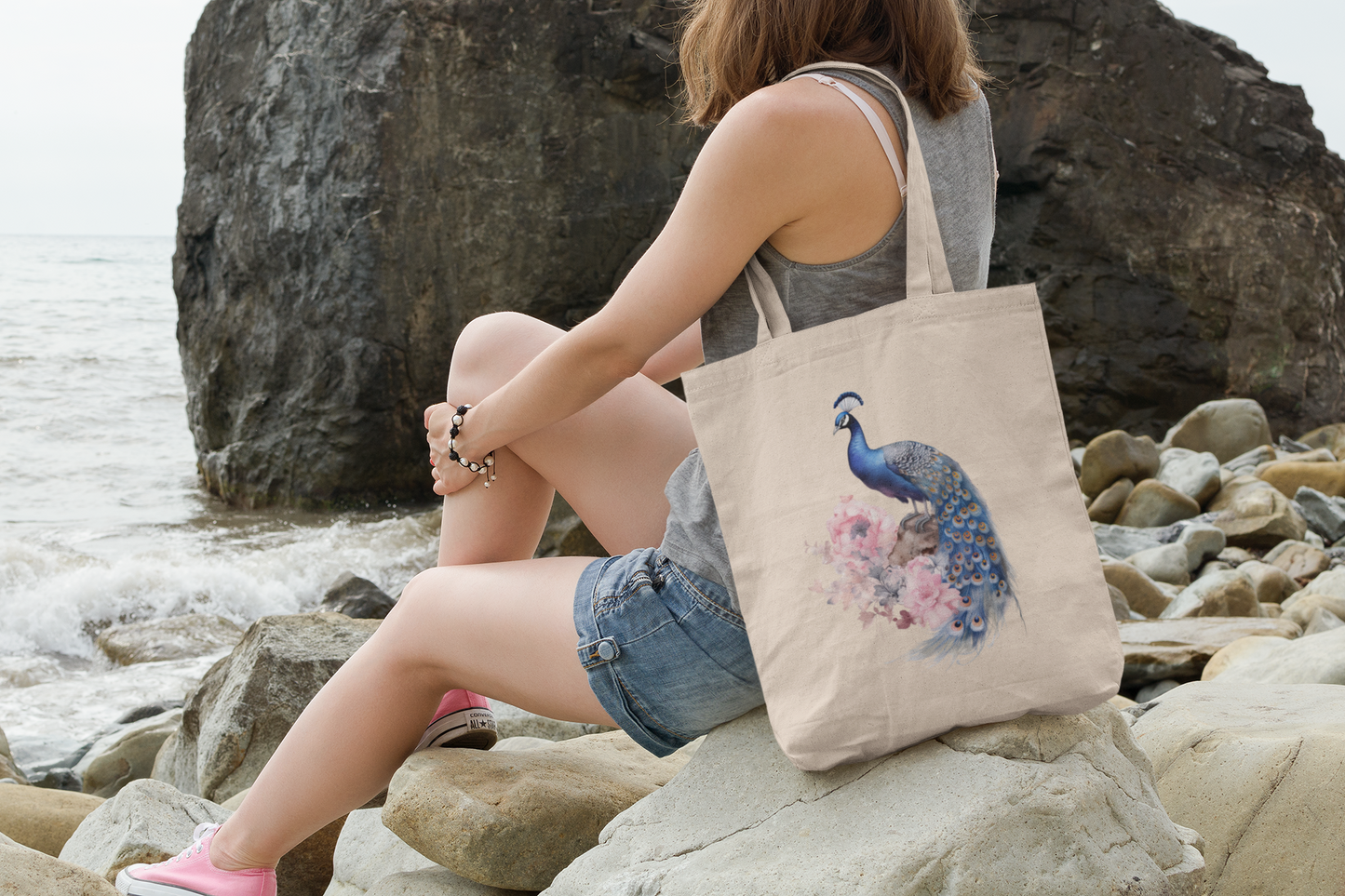 Canvas Tote Bag with Peacock