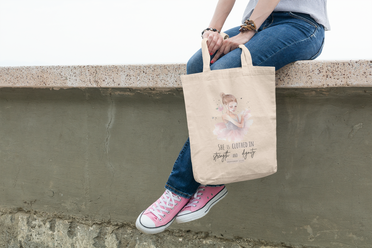 Tote Bag with Ballerina and Bible Verse Proverbs 31:25 "She is Clothed in Strength and Dignity"