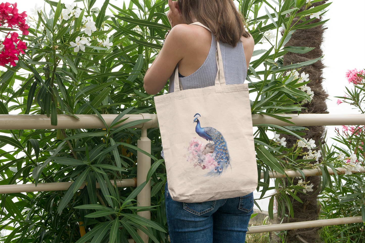 Canvas Tote Bag with Peacock