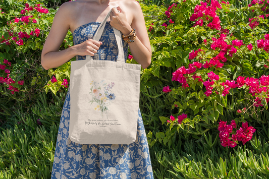 Flower Tote Bag with Bible Verse From Isaiah 40:8 - The Grass Withers, The Flowers Fade