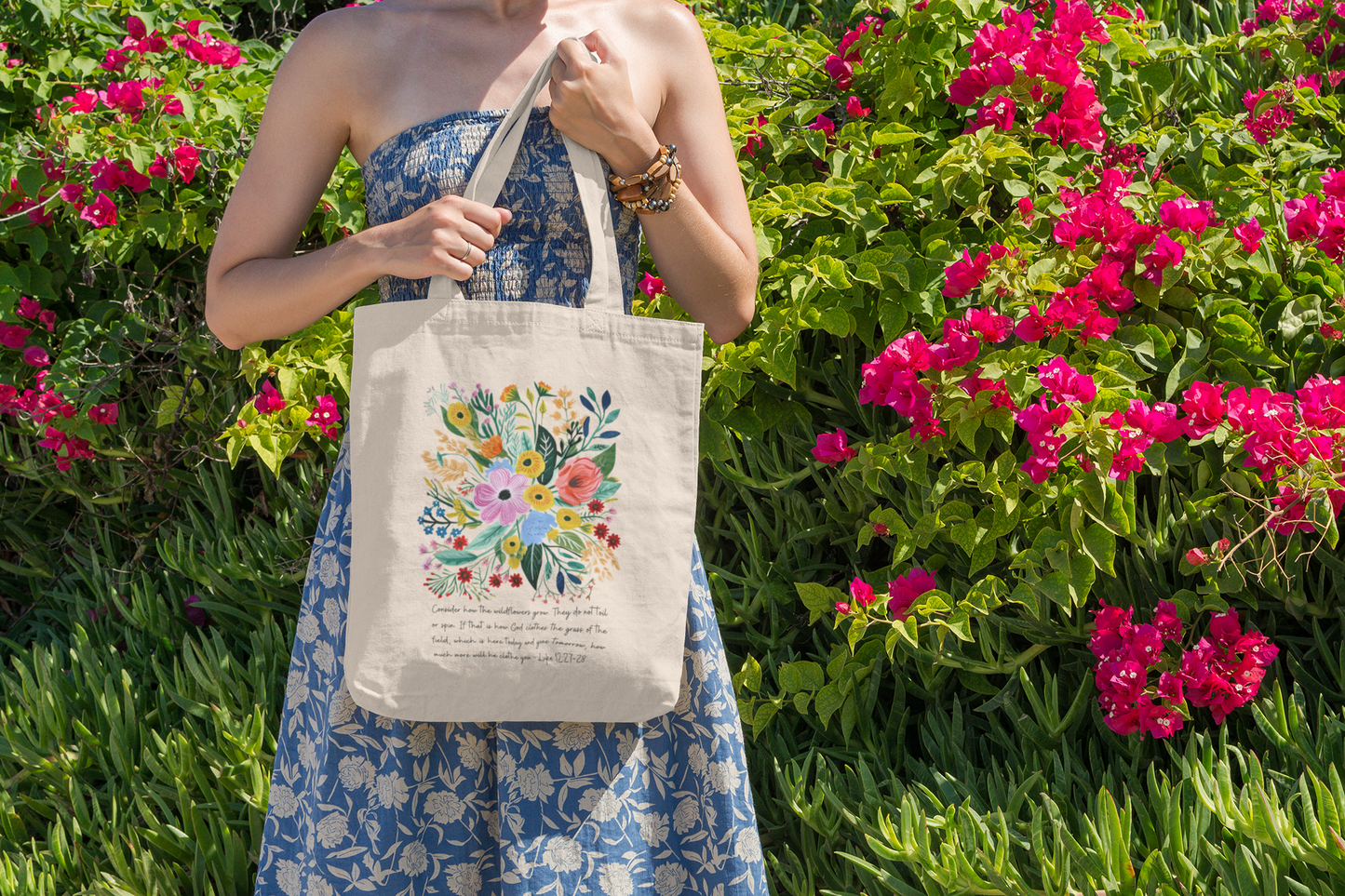 Consider the Wild Flowers Tote Bag with Bible Verse From Luke 12:27