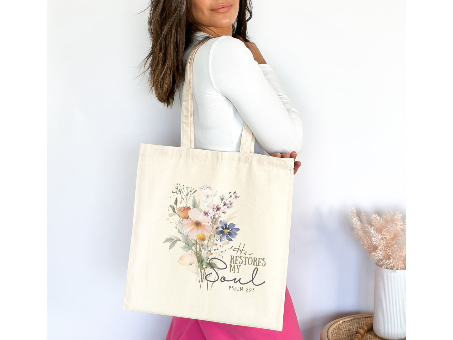 He Restores My Soul - Psalm 23:3 Floral Tote Bag | Christian Tote With Bible Verse and Flowers