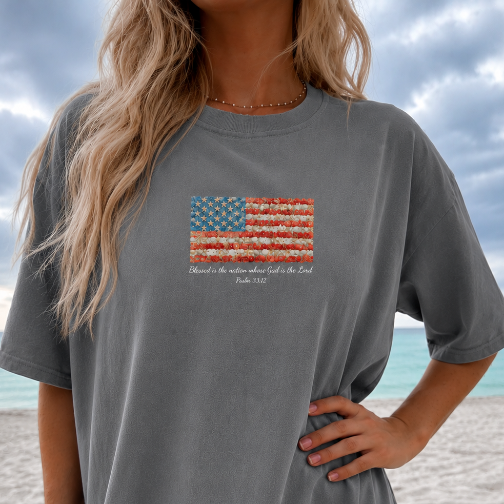 USA Flag T-Shirt - Blessed Is the Nation Whose God Is Lord