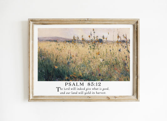 PSALM 85 Wall Art - Oat Field Painting | Vintage Painting with Bible Verse - Unframed Art